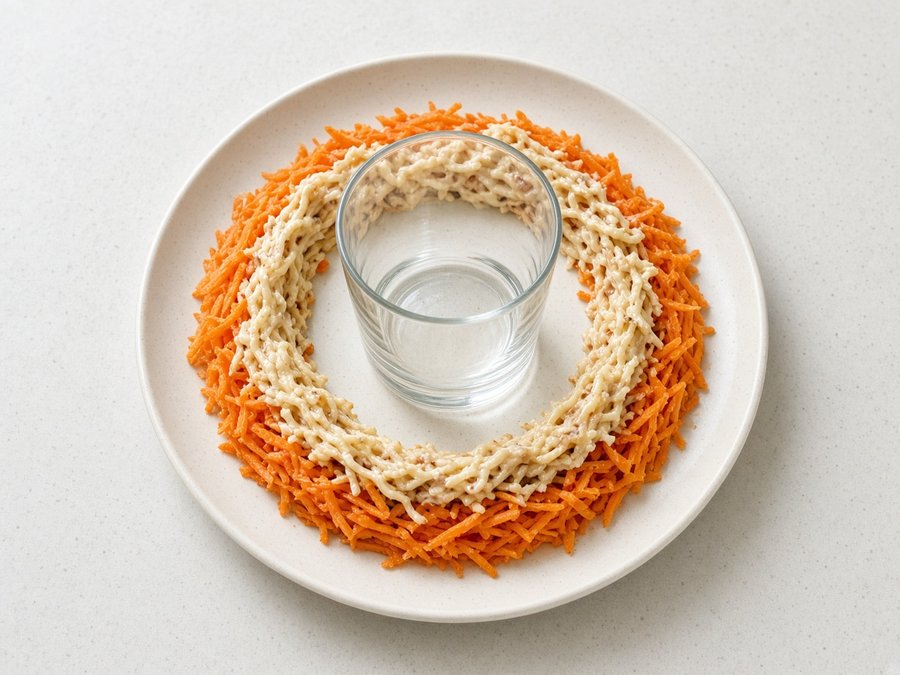 Слои моркови и картофеля вокруг стакана