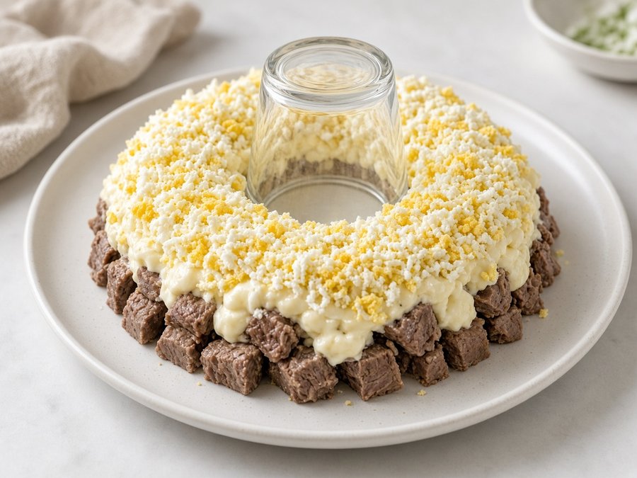 Слои говядины с соусом и тёртых яиц