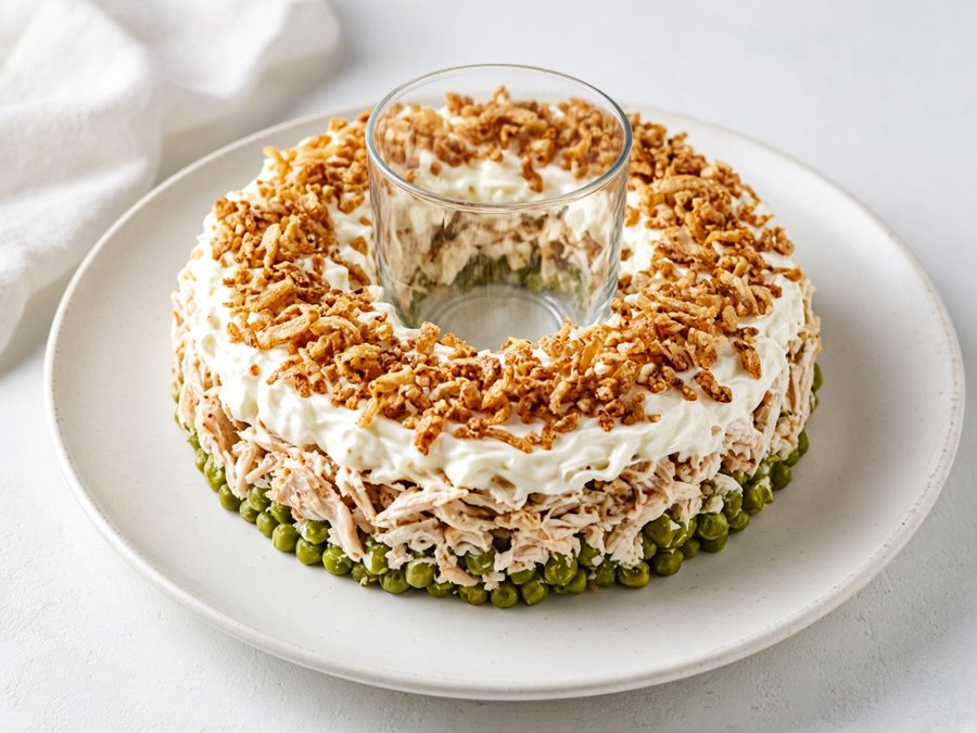 Слой курицы с жареным луком и майонезом
