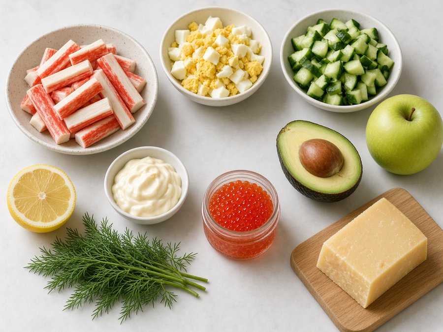 Продукты для салата с крабовыми палочками «Нежный февраль»