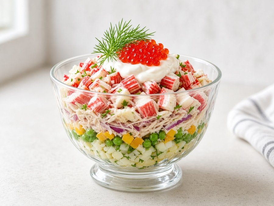 Крабовые палочки, майонез и красная икра поверх салата