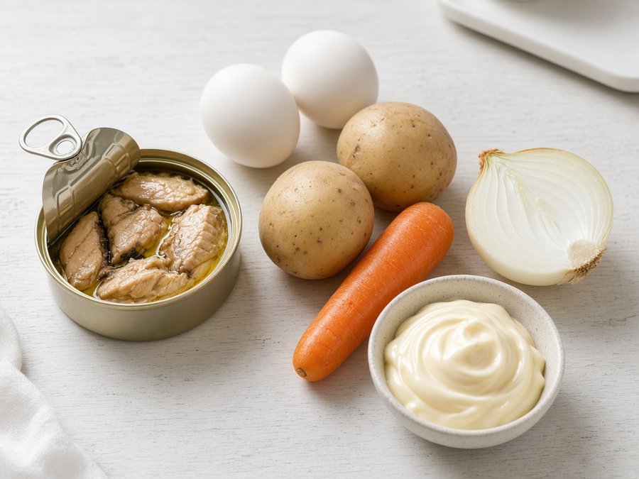 Продукты для классического салата Мимоза