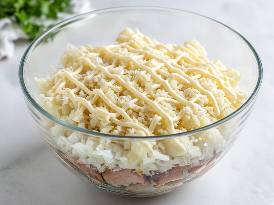 Слои лука и картофеля с майонезом
