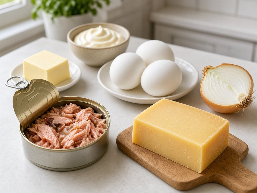 Продукты для салата Мимоза с сыром
