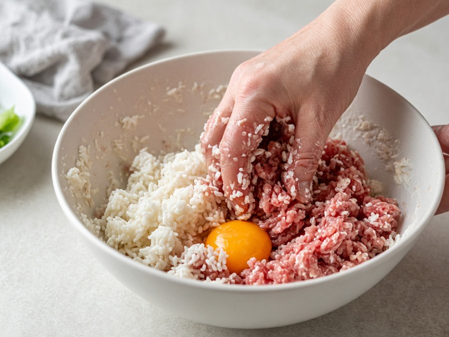 Фарш, рис и желток перемешивают руками