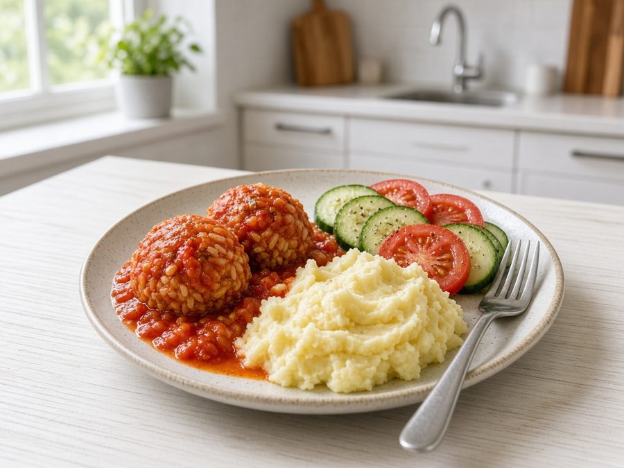 Тефтели с рисом с картофельным пюре и овощами