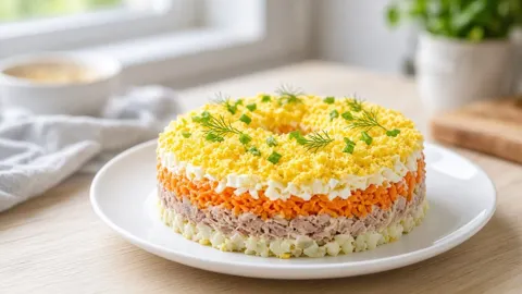 Салат Мимоза с консервами и овощами — классический вариант.