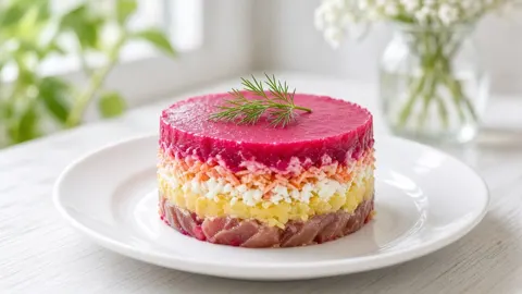 Селедка под шубой со свекольным суфле.
